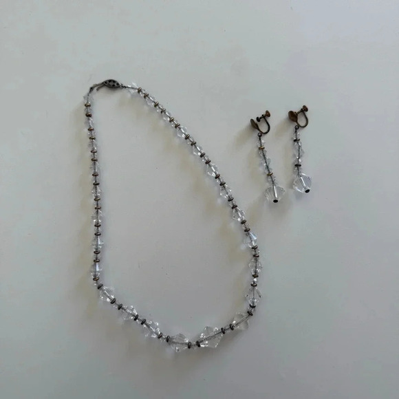 Necklace- Art Deco Style- Clear Beads- Clip on Earrings- Vintage - Picture 3 of 11